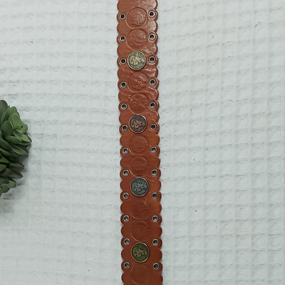Fossil Brown Leather Belt With Coin Details Scalloped Edges And Grommets Size M - Picture 6 of 14